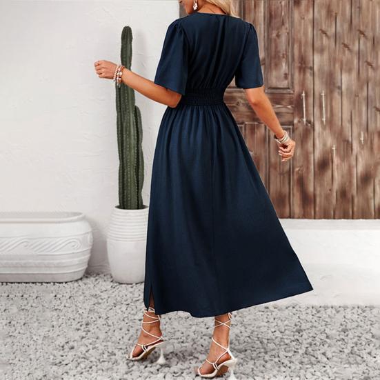 Women's Summer Dress, V Neck Short Sleeve Long Dress, Flowy A-line Slit Beach Sundress, Formal Cocktail Wedding Guest Dress