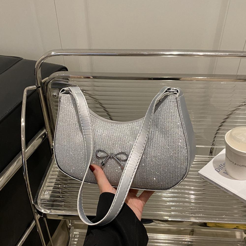 Shiny Underarm Tote Bag Solid Color Women Handbag Fashion Bowknot Shoulder Bag  Girls