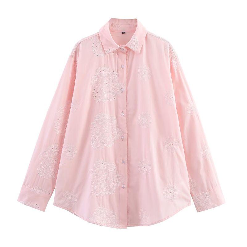

Kaslead New Women clothes Western Style Adhesive Press Embroidery Fashion Long sleeve Lapel Shirts 7484066 046 Pink L