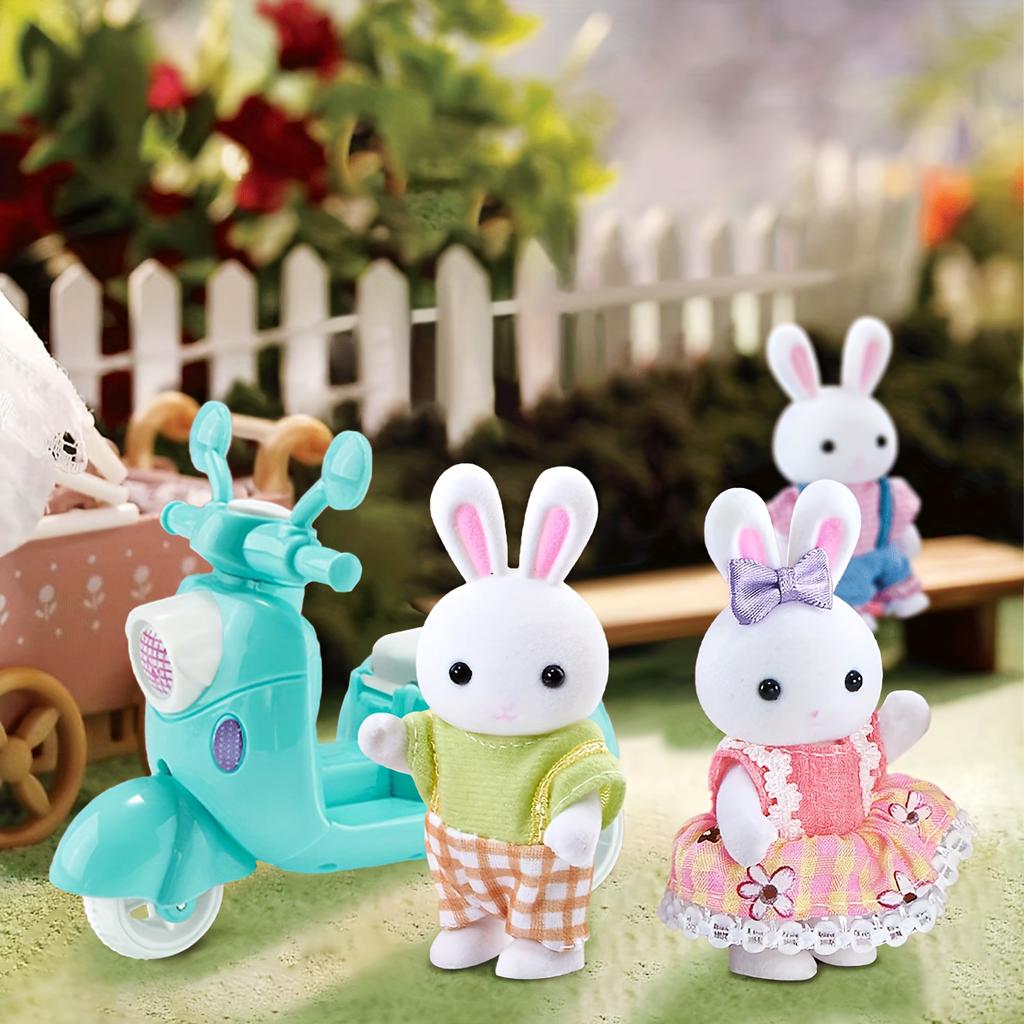 4 Stück Puppenhaus Miniatur Möbelset Hasenfamilie Mini Spielhaus Set Spielspiel mit vielfältigen Szenen Zubehör Geburtstagsgeschenke