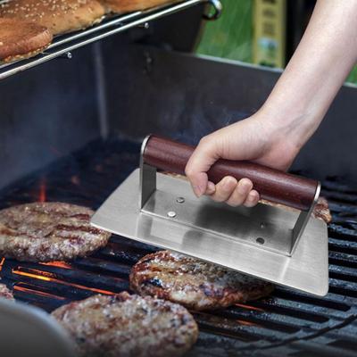 Stainless Steel Burger Press Hamburger Bacon Press Heavy Duty Meat Smasher with Wood Handle
