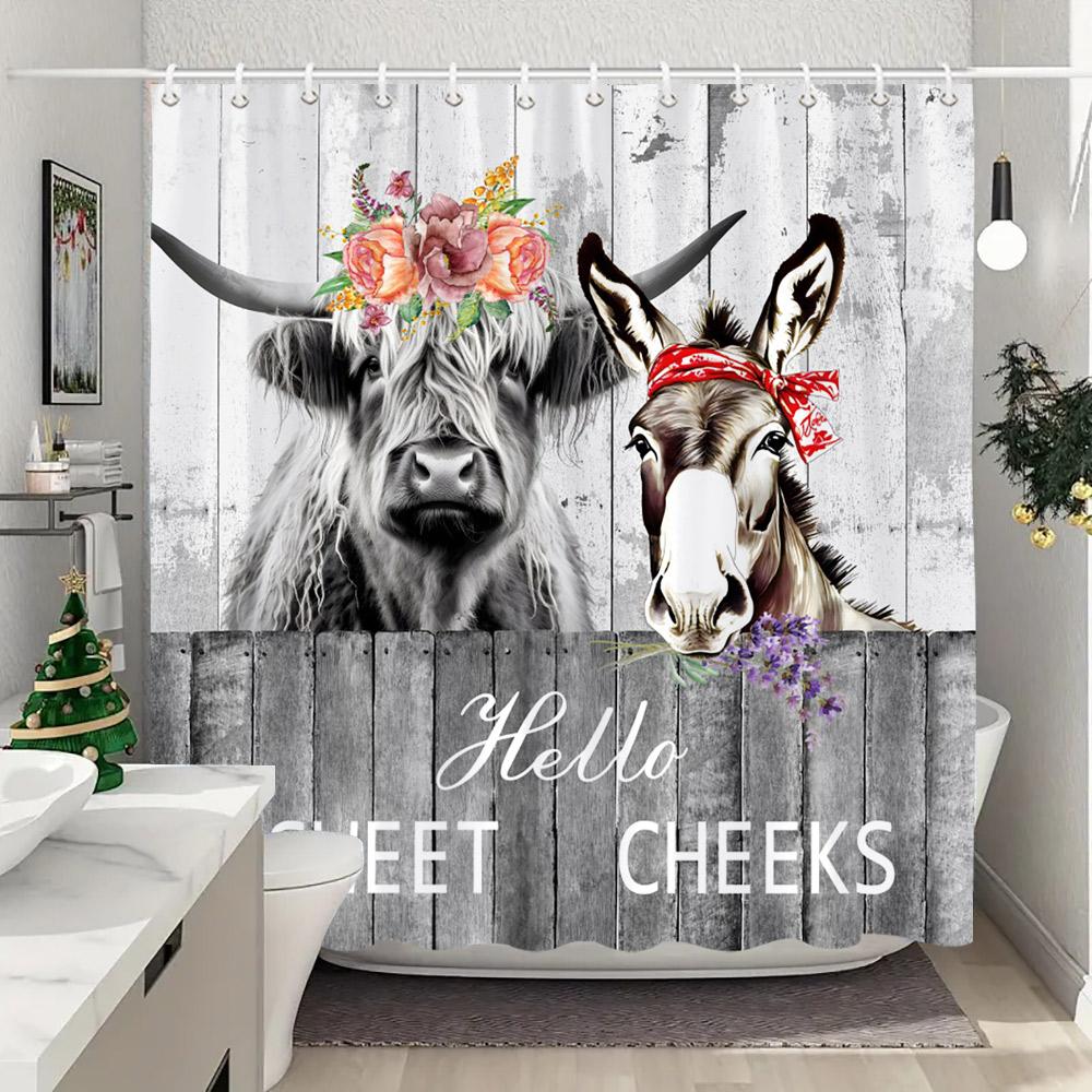 Funny Highland Cow In Bathtub Shower Curtain Green Plants Eucalyptus Leaves Sunflower Lavender Shower Curtains Bathroom Decor