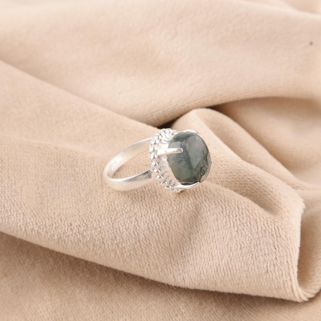 Oval Moss Agate Gemstone 925 Silver Birthday Cocktail Mother Gift Ring Jewelry RR-28-26