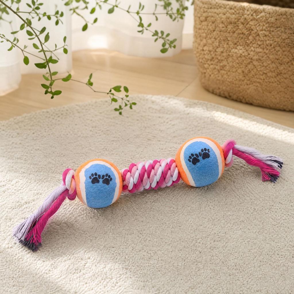 Dog Rope Knot Teething Toy with Tennis Ball Cotton Rope Toy for Boredom Size 6 Colorful Double Ball