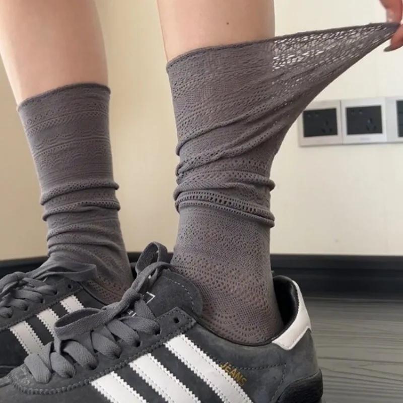 1/2pairs Lolita Sweet Pile Socks for Women Girls Mesh Hollowed Out Thin Nylon Silk Retro Flower Lace Socks Ladies Crew Socks