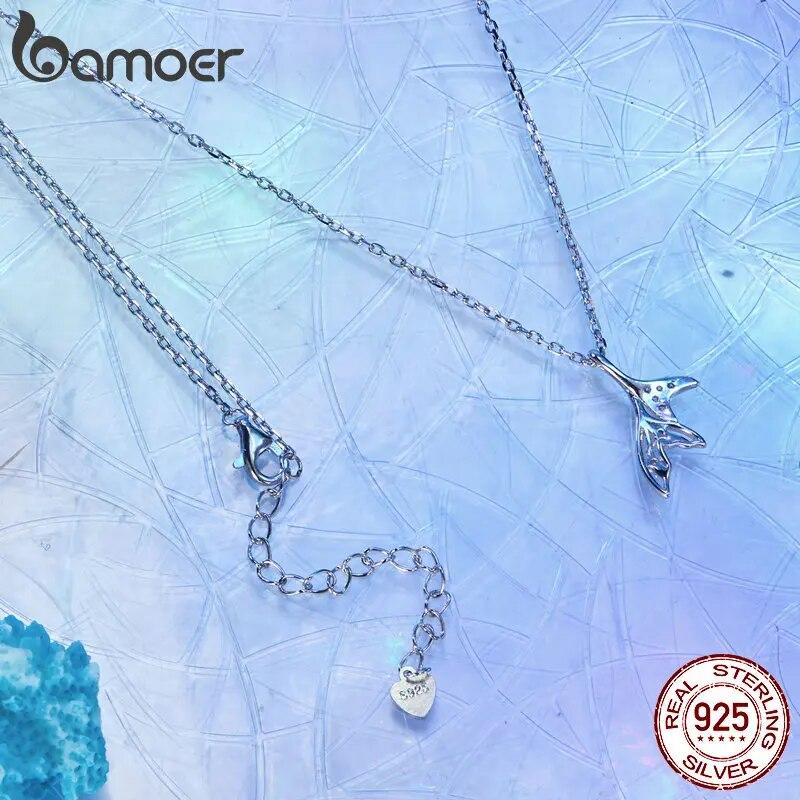 BAMOER White Gold Plated Fish Tail Necklace for Women, 925 Sterling Silver Nano Opal Heart Necklace
