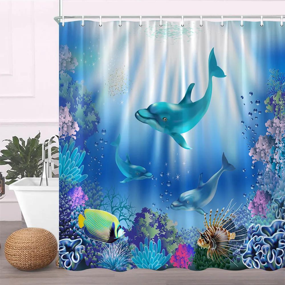 Ocean Duschvorhang Blau Duschvorhänge für Badezimmer Meerestier Polyester Unterwasserlandschaft Badezimmervorhang Set mit Haken