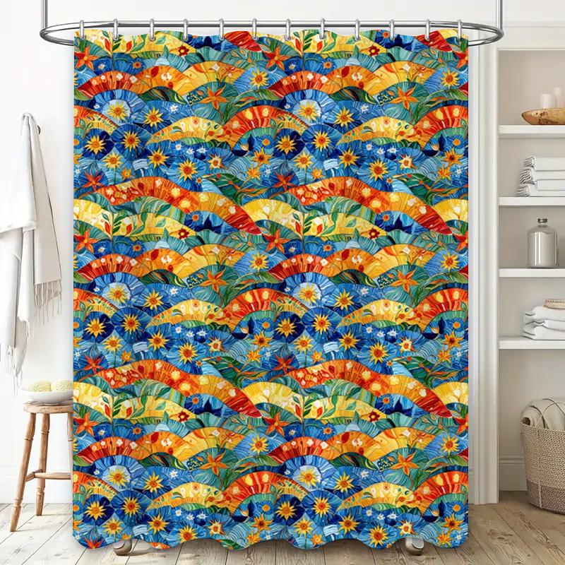 Colorful Floral Printed Shower Curtain Waterproof Fabric 3D Bathroom Decor Modern Home Accessories Blue Orange Red Yellow Green