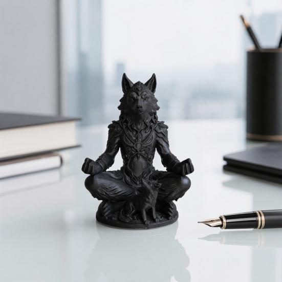 Yousheng 3D Printed Gothic Werewolf Meditation Statue, Zen Beast Warrior Sculpture with Round Base, Matte Black Fantasy Desk Decor, Unique Gift for