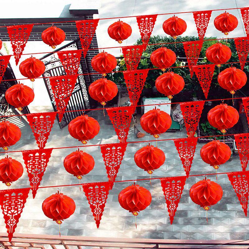 Outdoor Wedding Decor: Colorful Flag Lanterns & Courtyard Garlands