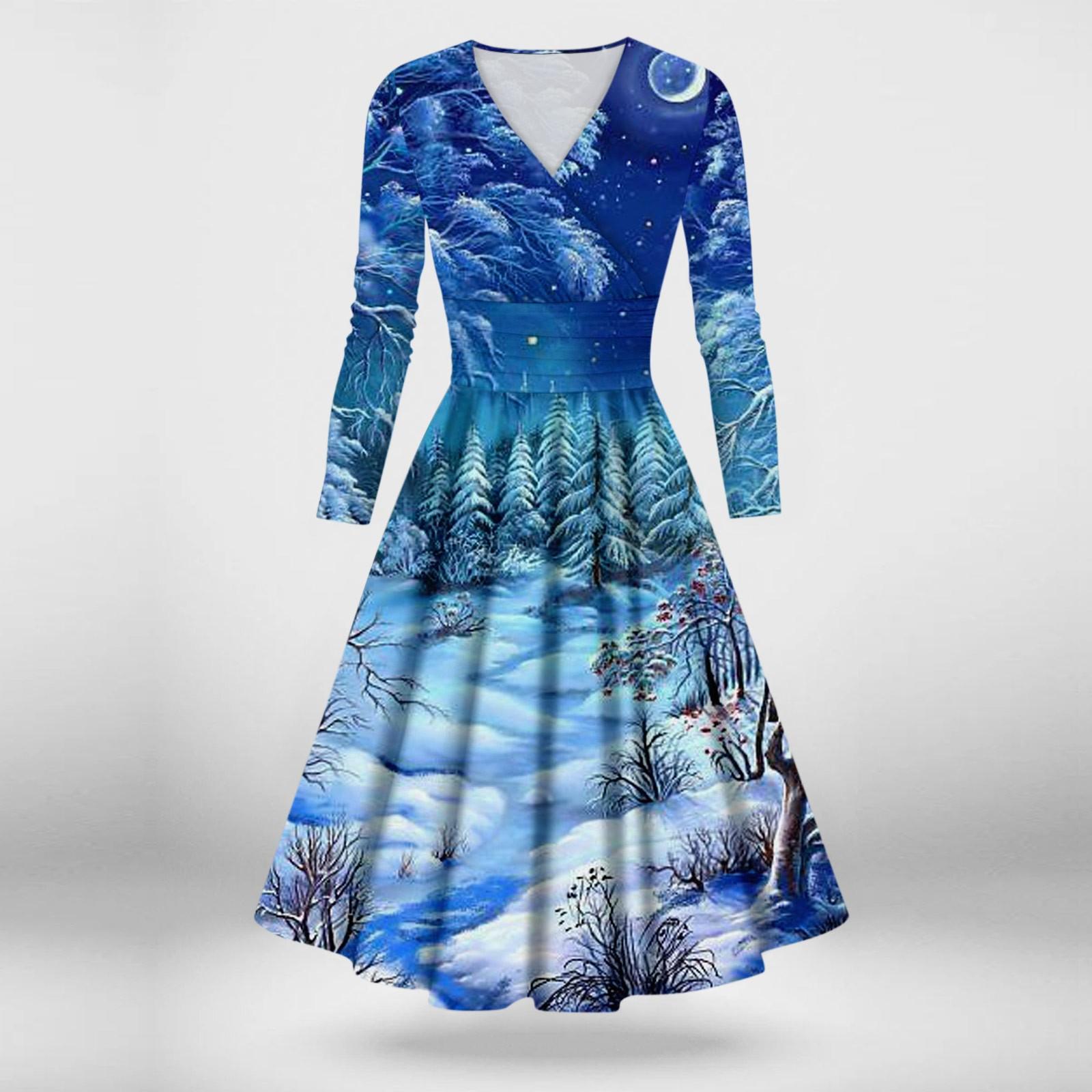 

Женское повседневное и модное сексуальное платье с v-образным вырезом и длинными рукавами с рождественским принтом L синий