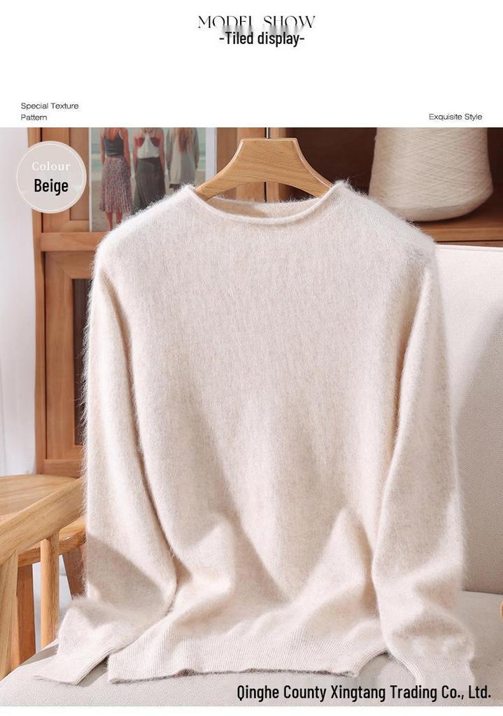 Women's Mink Cashmere Short Sweater with Half-High Collar and Rabbit Fur Knit, Slimming Fit