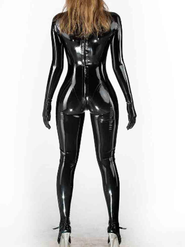 Mode Ganzkörper-Jumpsuit Damen Latex Ammoniak Sexy PU Glänzend Bodysuit Hoher Kragen Former Shapewear Nachtclub Auftritt Tanz Strumpfhose