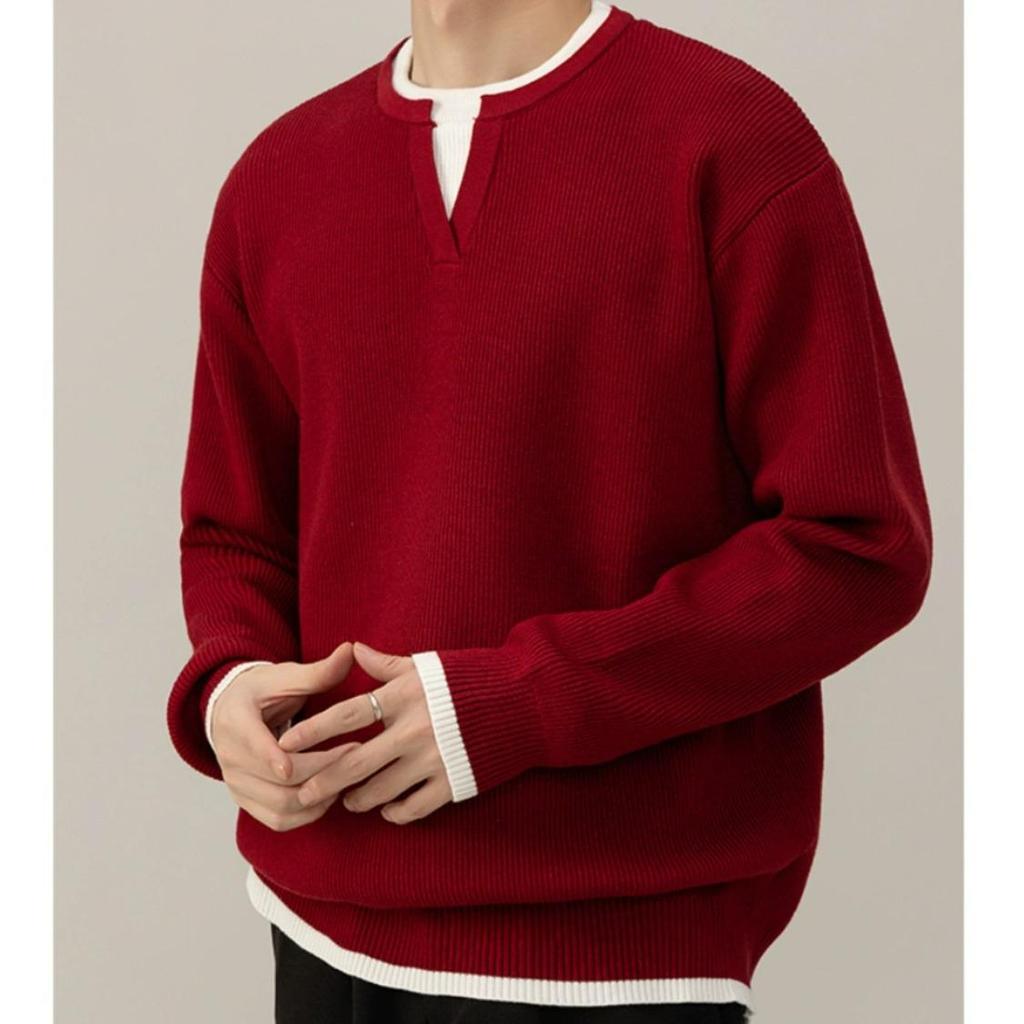 Unisex V-Neck Knit Sweater - Trendy Loose Two-Piece Look for Autumn & Winter