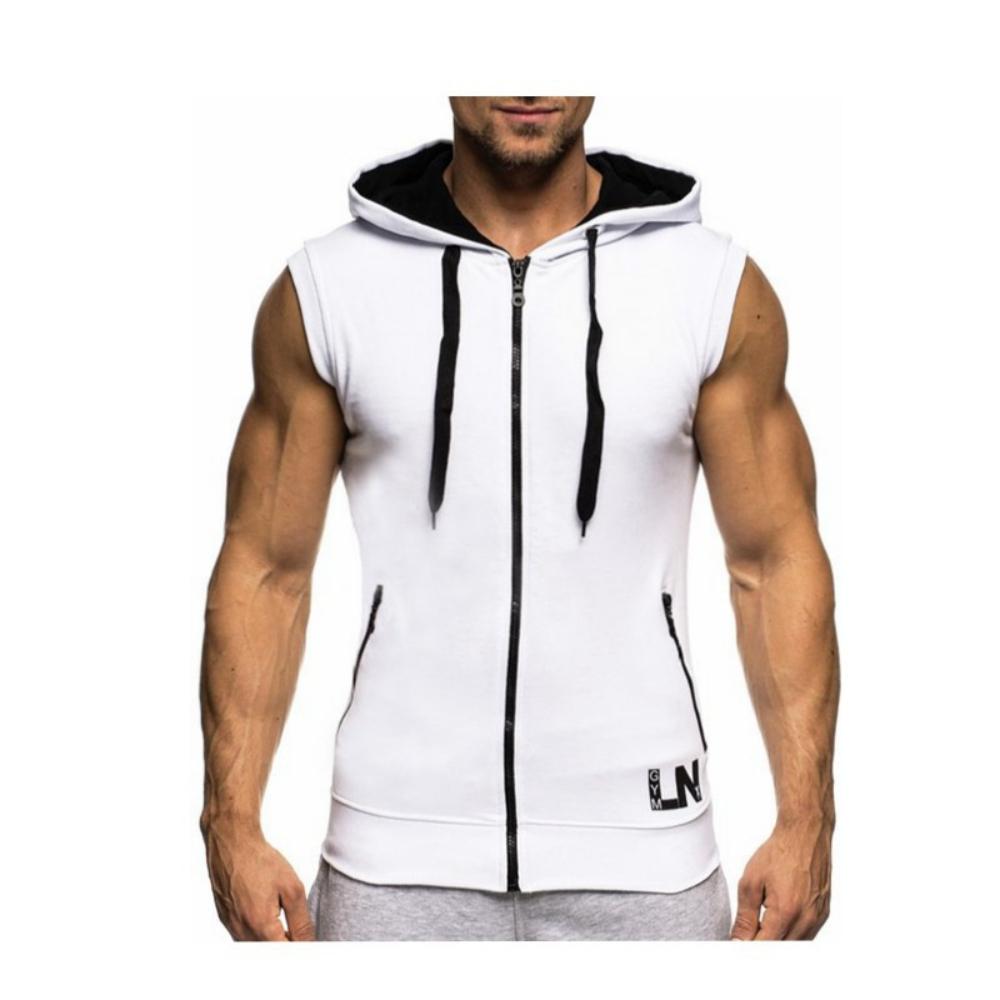 Men's Summer Casual Sleeveless Jacket Fashion Contrast Color Design Hooded Zipper Cardigan Slim Fit Letter Printed Coats