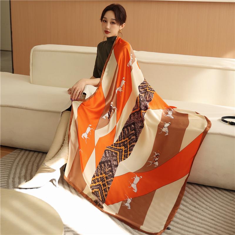 Wczesną wiosną nowy prosty kolorowy geometryczny blok kolorów długi jedwabny szal koreańska wersja damskiego temperamentu podróż długi szal