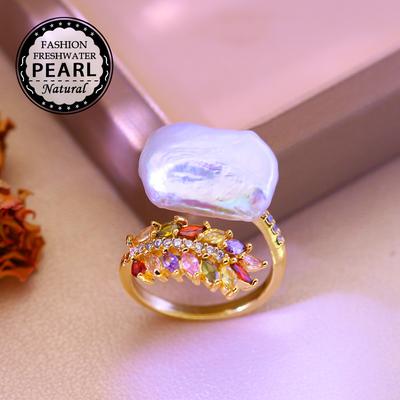 SENIKO 12-16mm Anelli di perle d'acqua dolce naturali per le donne Moda femminile Cubic Zirconia CZ Anello di perle Gioielli Anello regolabile