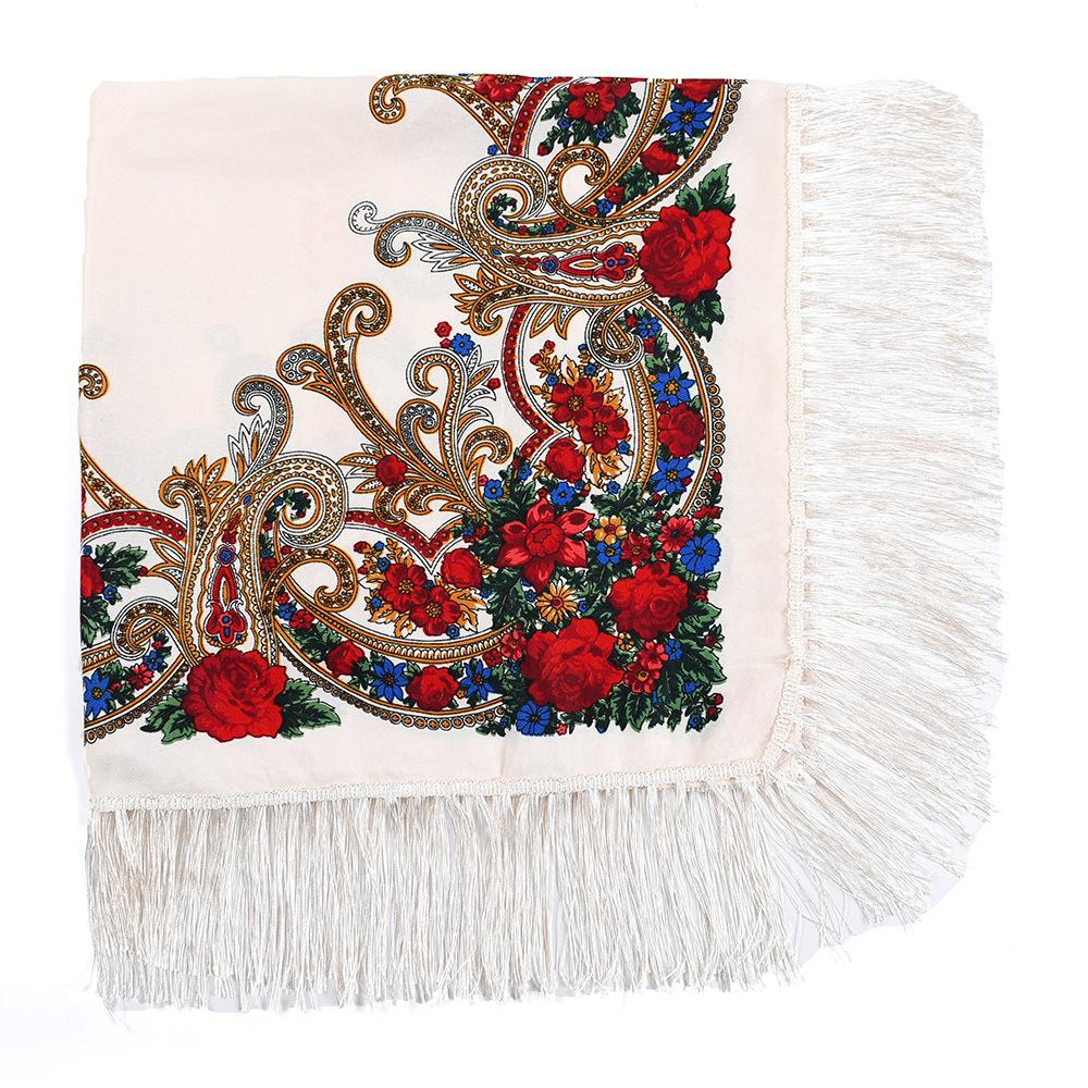 

100*100 см русский квадратный шарф женский роскошный цветочный принт бандана с бахромой украинская шаль бежевый