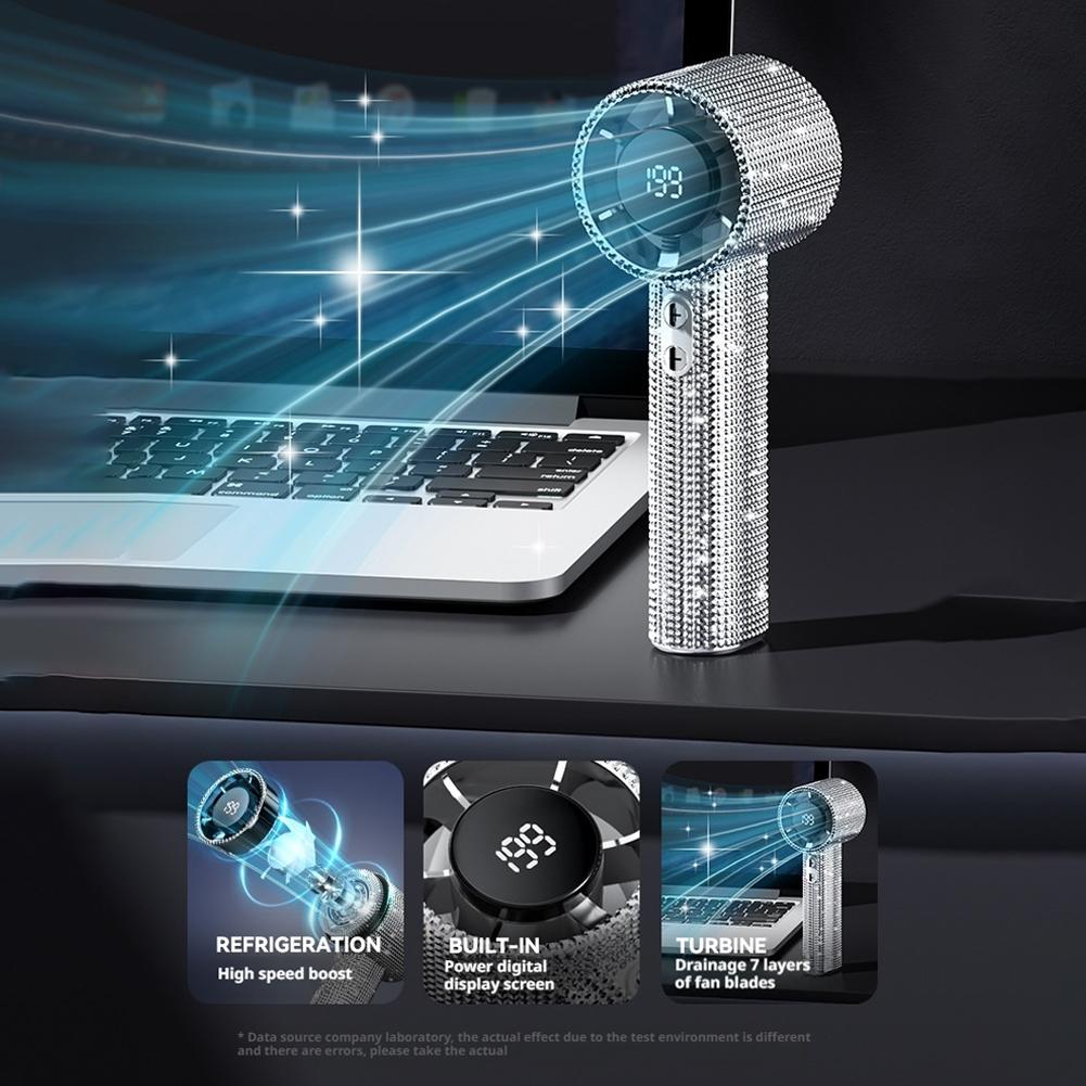 Practical Silver Diamond Handheld Mini Fan 199-Gears Adjustable Portable Handheld Turbo Fan Outdoor Digital Display Electric Fan