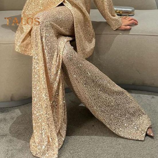 Cămașă cu paiete, pantaloni, cu rever, cu decolteu în V, cu mânecă lungă, haină de lungime mijlocie, cu picior lat, pantaloni supradimensionați pentru petreceri, ținută de celebrități de club
