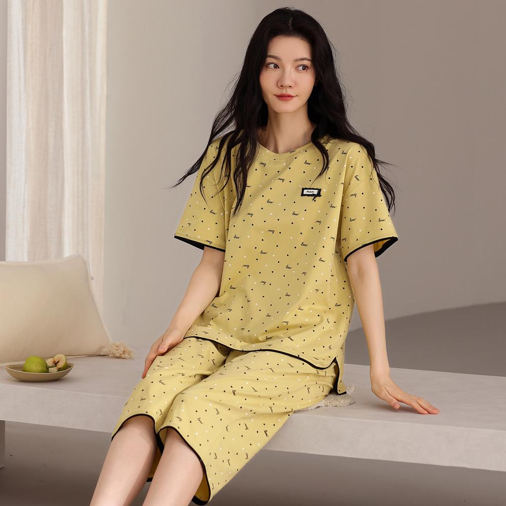 Pajamas Women's 1011 New Summer Pure Cotton with Chest Pad Summer Short-sleeved Cropped Pants Thin Wave Point Loungewear Set