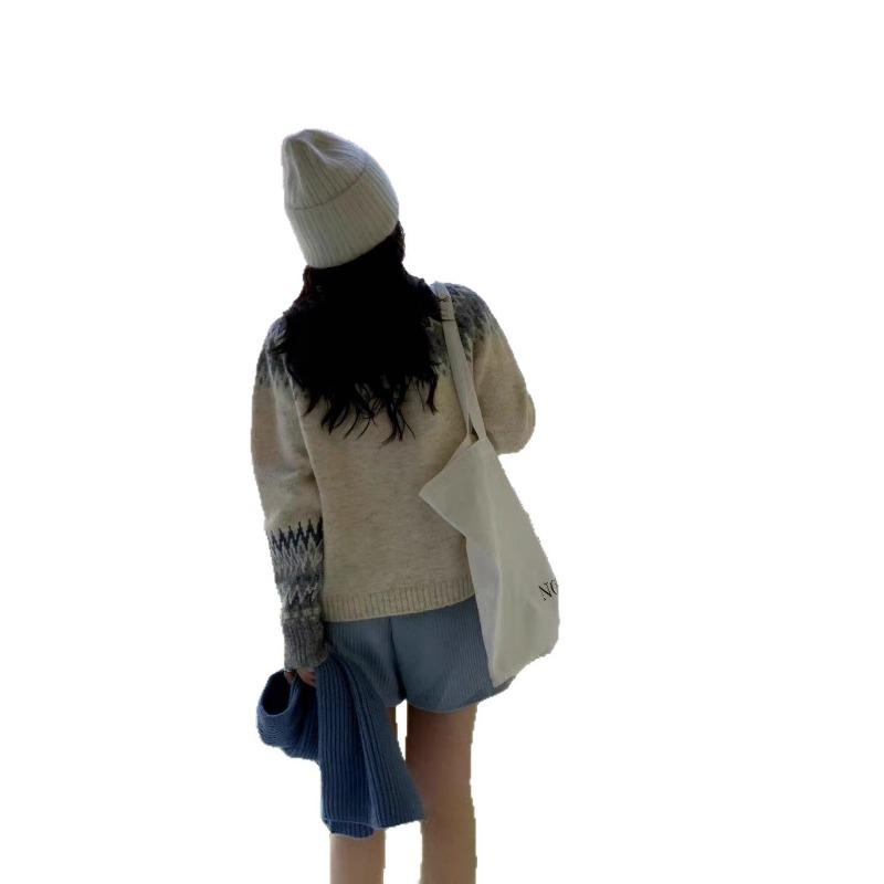 Autumn and winter new Fair Island jacquard retro contrasting color design single-breasted loose long-sleeved knitted jacket