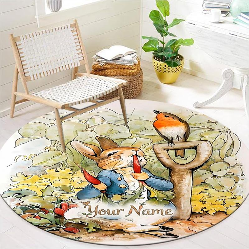 Easter Bunny Picnic Custom Name Round Area Rug Carpet Rug For Living Room Bedroom Sofa Playroom Decor Nonslip Floor Mat