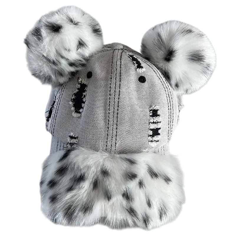 Fashionable Baseball Caps Unique Pompoms Furry Brim Dotted Pattern for Idol Concert Shows Stage Dance Headwear