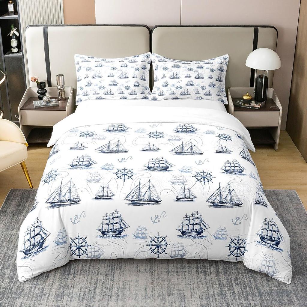 Anchor Bedding Set Nautical Sailboat Duvet Cover Wood Board Design Pattern Comforter Cover for Boys Ocean Theme Quilt Cover