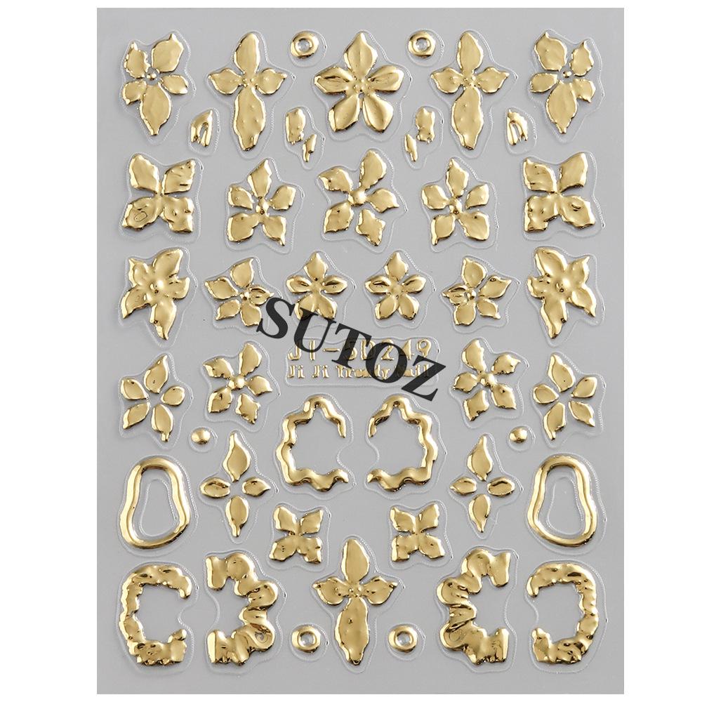 5D Embossed Gold & Silver Floral Nail Stickers with Hollow Circles & Petals