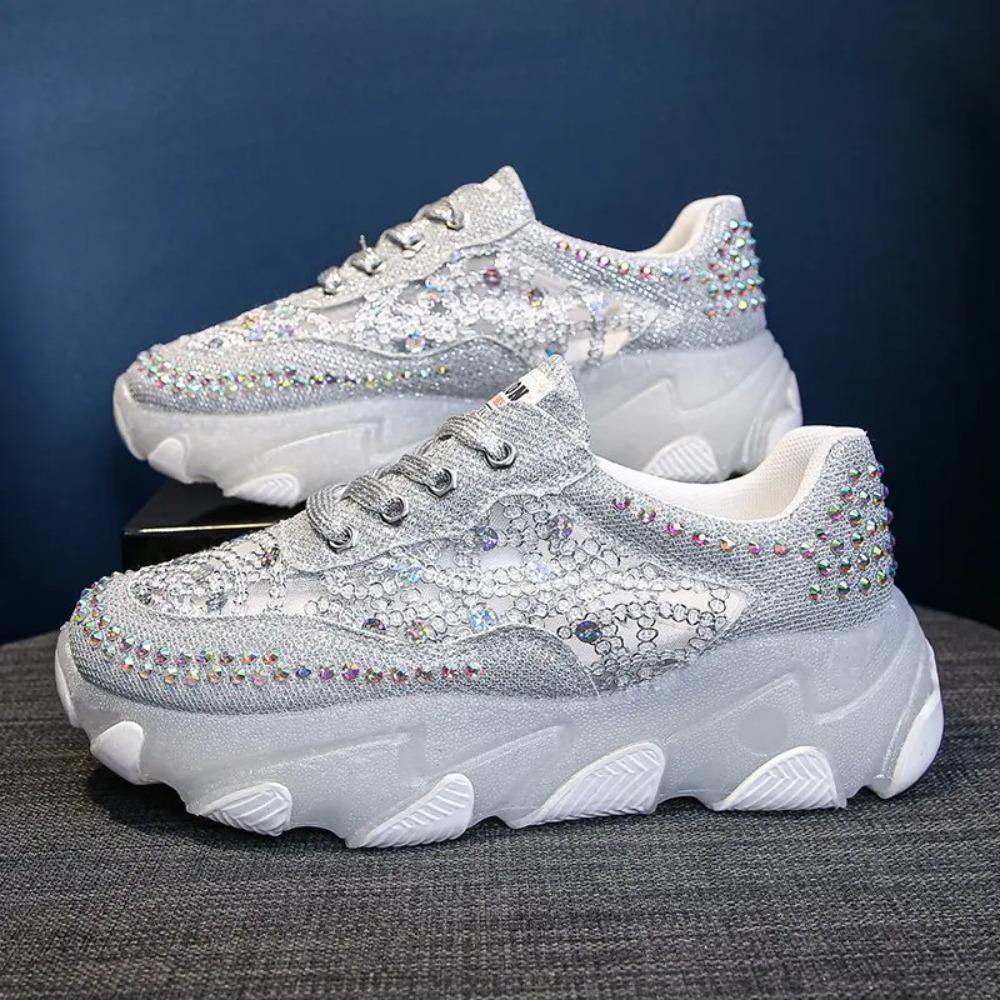 

2024 summer new Women Platform Sneakers Rhinestone Lace-up Casual comfort Shoes Outdoor breathable thin mesh hollow shoes 35