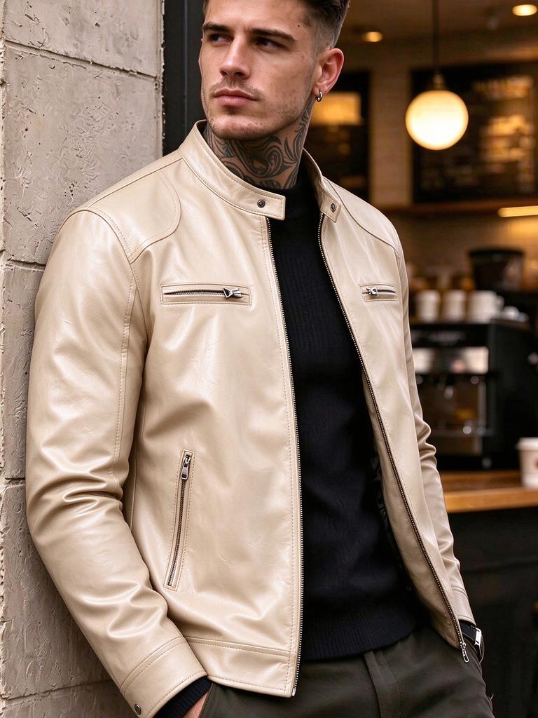 New men's stand-up collar PU leather jacket slim locomotive jacket spring and autumn business casual ruffian handsome jacket