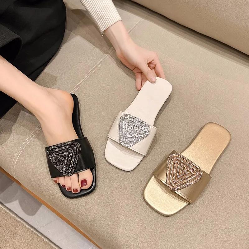 Crystal Women Flats Slippers Summer Open Toe Beach Flip Flops Summer 2025 New Luxury Shoes Outdoor Sandals Femme Slides