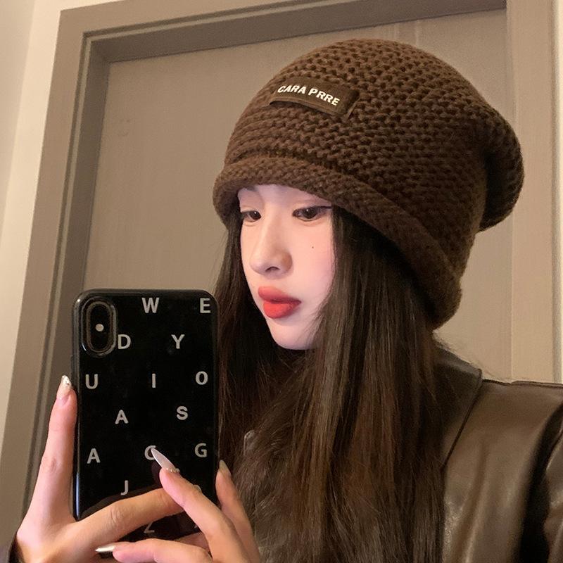 Autumn and Winter Versatile Big Head Circumference Pile Hat Showing Face Small Ear Protection Warm and Cold Hat Korean Style Letter Knitted Hat