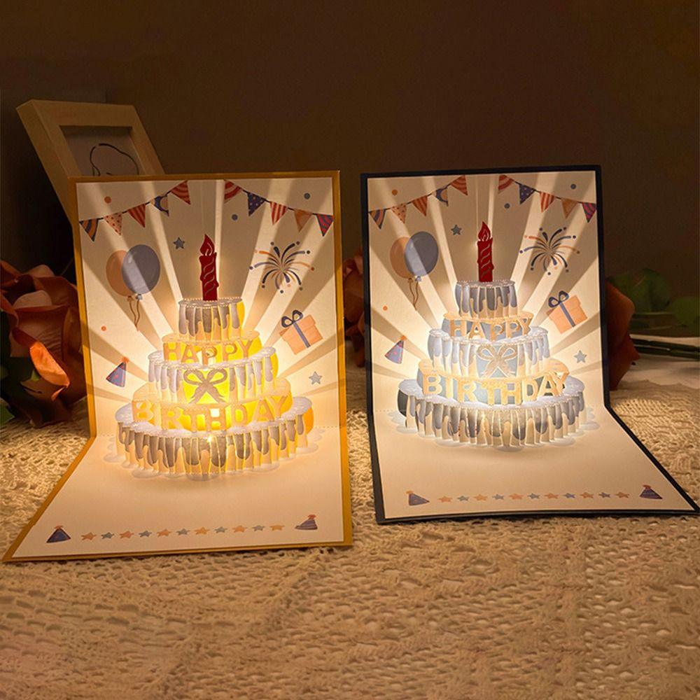 Musical and Light 3D Popup Greeting Card Birthday Cake Postcards  Birthday Gift