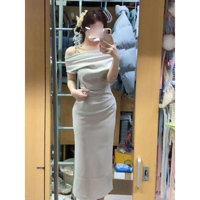 Women's Summer Clothes New Gray One-word Slanted Shoulder Hip-wrapped Dress Casual Open Spring Popular Wear Long Dress