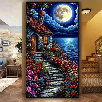 Große Größe Blumenhaus am Meer Diamantmalereien Neu 2025 5D DIY Diamantmosaik Stickerei Mondlandschaft Kunst Einzigartige Raumkunst