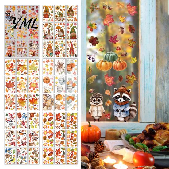 Removable Maple Leaf Decals 9 Sheets Fall Woodland Animals Window Clings, Autumn Pumpkin Autumnal Home Holiday Accents Squirrel Fox Rabbit Glass