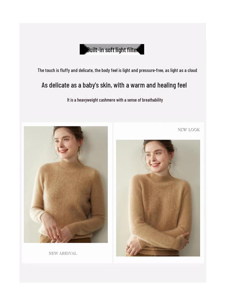 Women's Cashmere Half-High Neck Sweater, Autumn/Winter 2025, Seven-Needle Cable Knit, Loose Fit, Versatile Pullover.