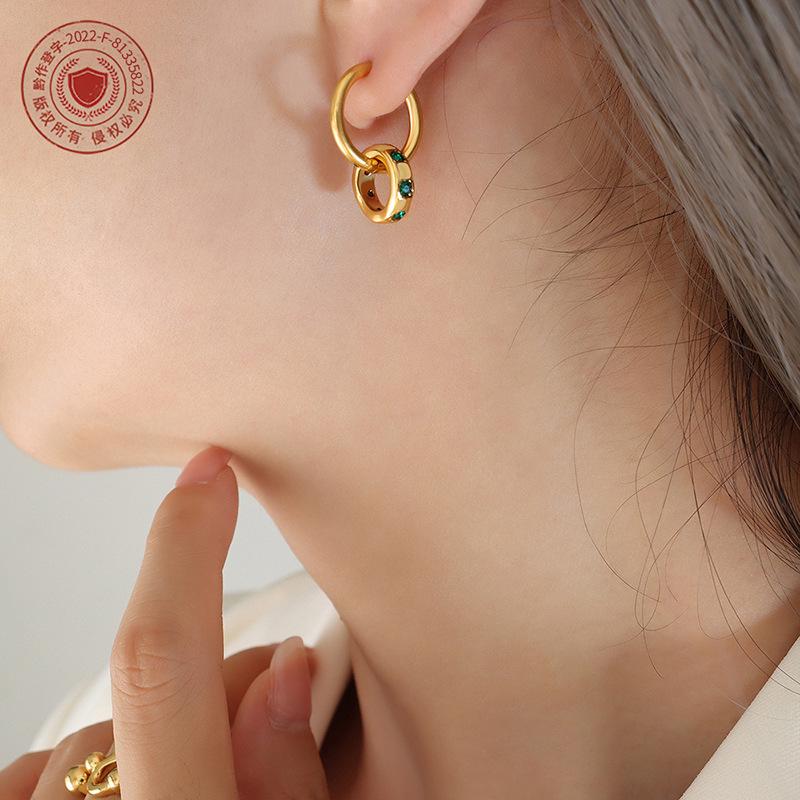 Gold Plated Titanium Steel Earrings with Green Zirconia Ring Pendants