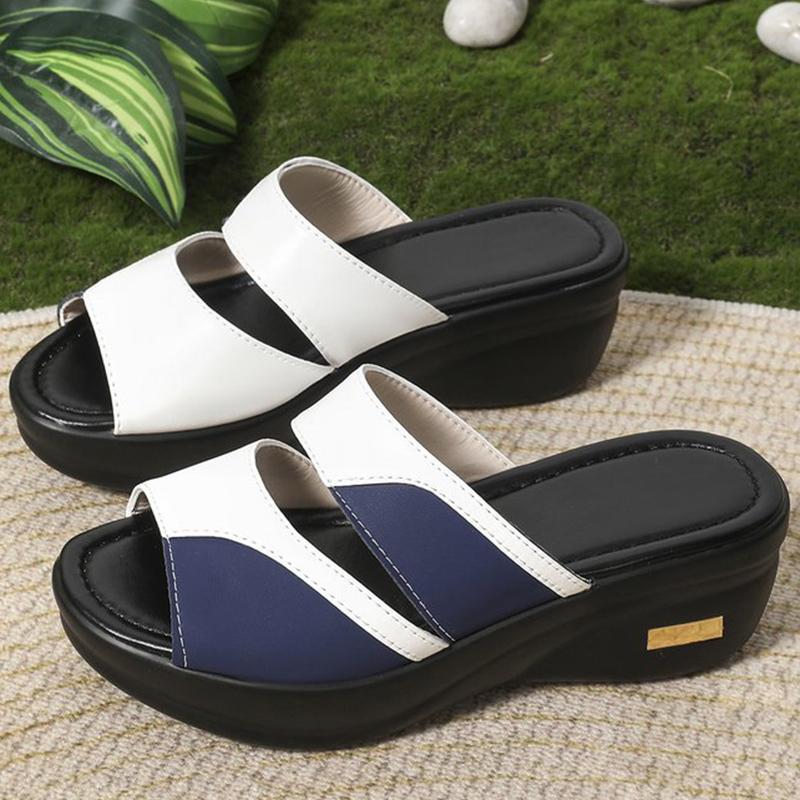 Fashion Summer Leather Wedge Slippers for Women 2025 Non-Slip Mixed Color Platform Woman Slides Soft Bottom Plus Size Women Slippers