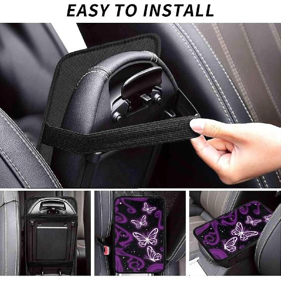 Universal Car Center Console Cushion Pad, Purple Butterfly Soft Waterproof Car Center Console Cover Auto Armrest Seat Box Cover Protector for Most