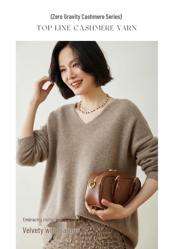 Women's V-Neck Cashmere Bodycon Knit Sweater, Solid Color, Medium-Length, Long Sleeve, Casual Loose Pullover.