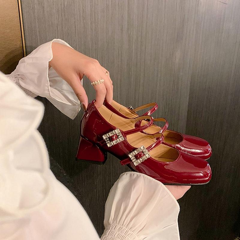 

Fashion Women s New Spring and Autumn Round Head Water Diamond Belt Buckle Leather Cowhide Lacquer High Heels Mary Jane Work Shoes 250