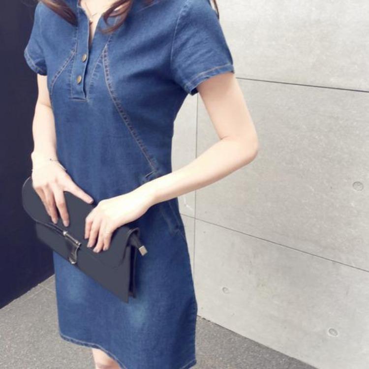 Vestido Casual Jeans Elegante Feminino de Verão com Gola O e Manga Curta Costurado para Uso Diário