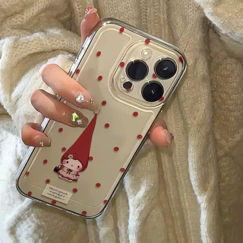 Cute Red Hat Cartoon Girl Polka Dot Clear Phone Case, Kawaii Aesthetic Shockproof Protective Cover for iPhone