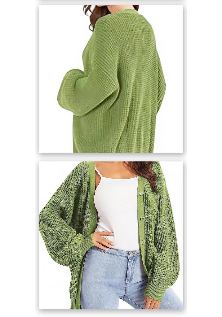 Women's V-Neck Lantern Sleeve Knitted Cardigan Sweater Coat - Single-Breasted Lazy Style
