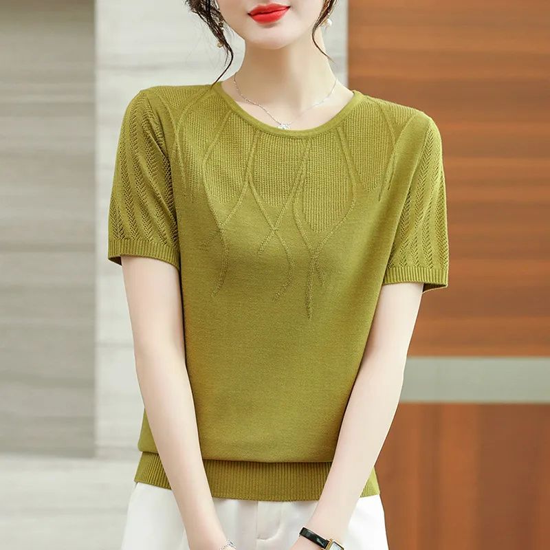 Summer Women's Ice Silk Knitted T-shirt Mom Summer Outfit Thin Hollow Out Knitted Top Short Sleeve