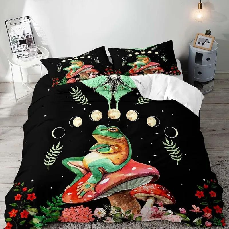 Aesthetic Boho Duvet Cover Full,3PCS  Bedding Set,Green Plant Botanical Fungus Beige Comforter Bedspread Quilt Cover