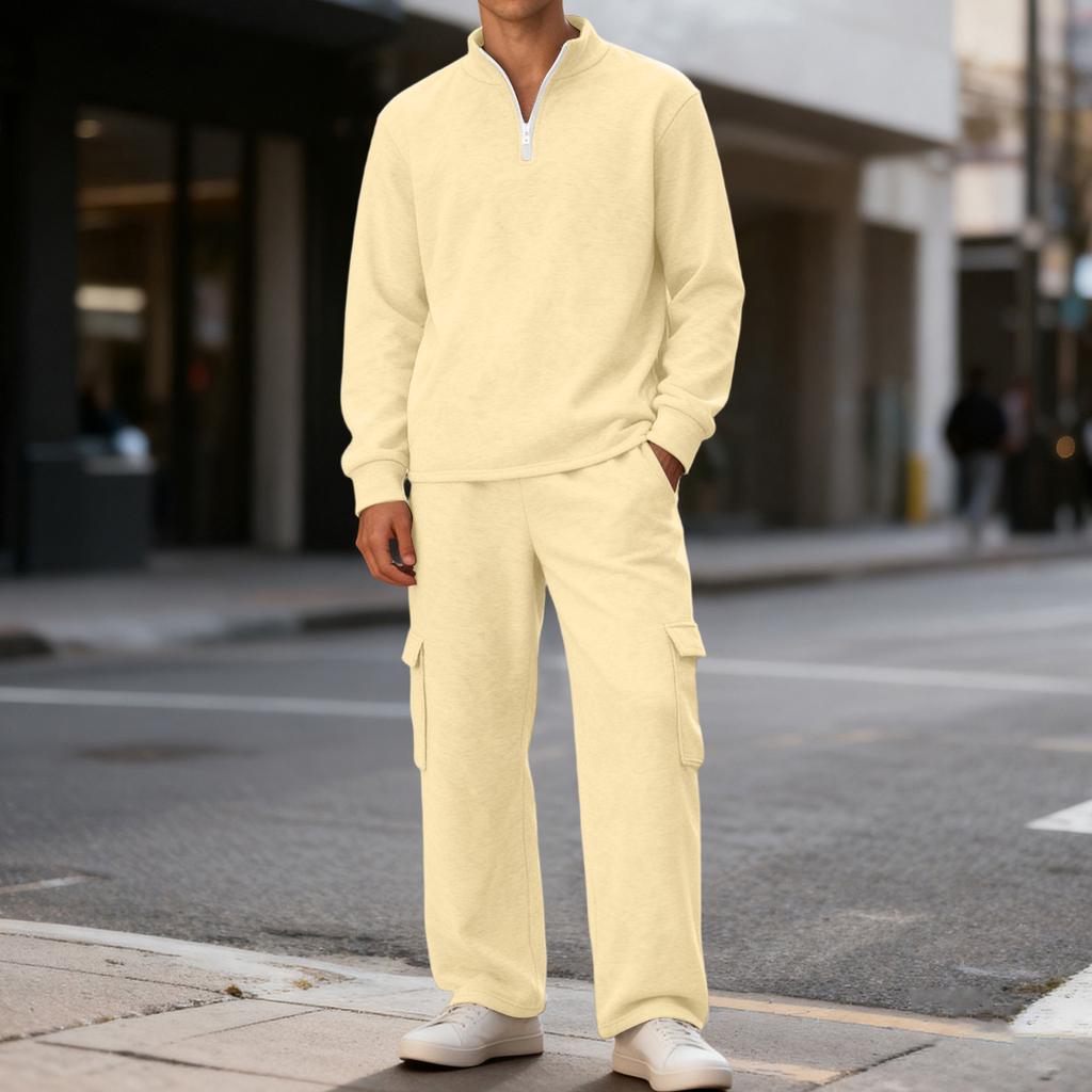 Men's Classic Casual Outdoor Activewear Set | Fleece Solid Color Quarter-Zip Stand-Collar Hoodie & Elastic-Waist Cargo Pants 2-Piece Outfit